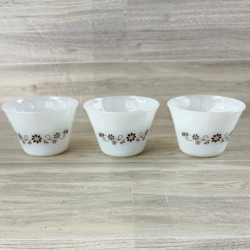 Dynaware Pyr-O-Rey Milk Glass Vintage Custard Cups Brown Floral Set 3 Bowls #16